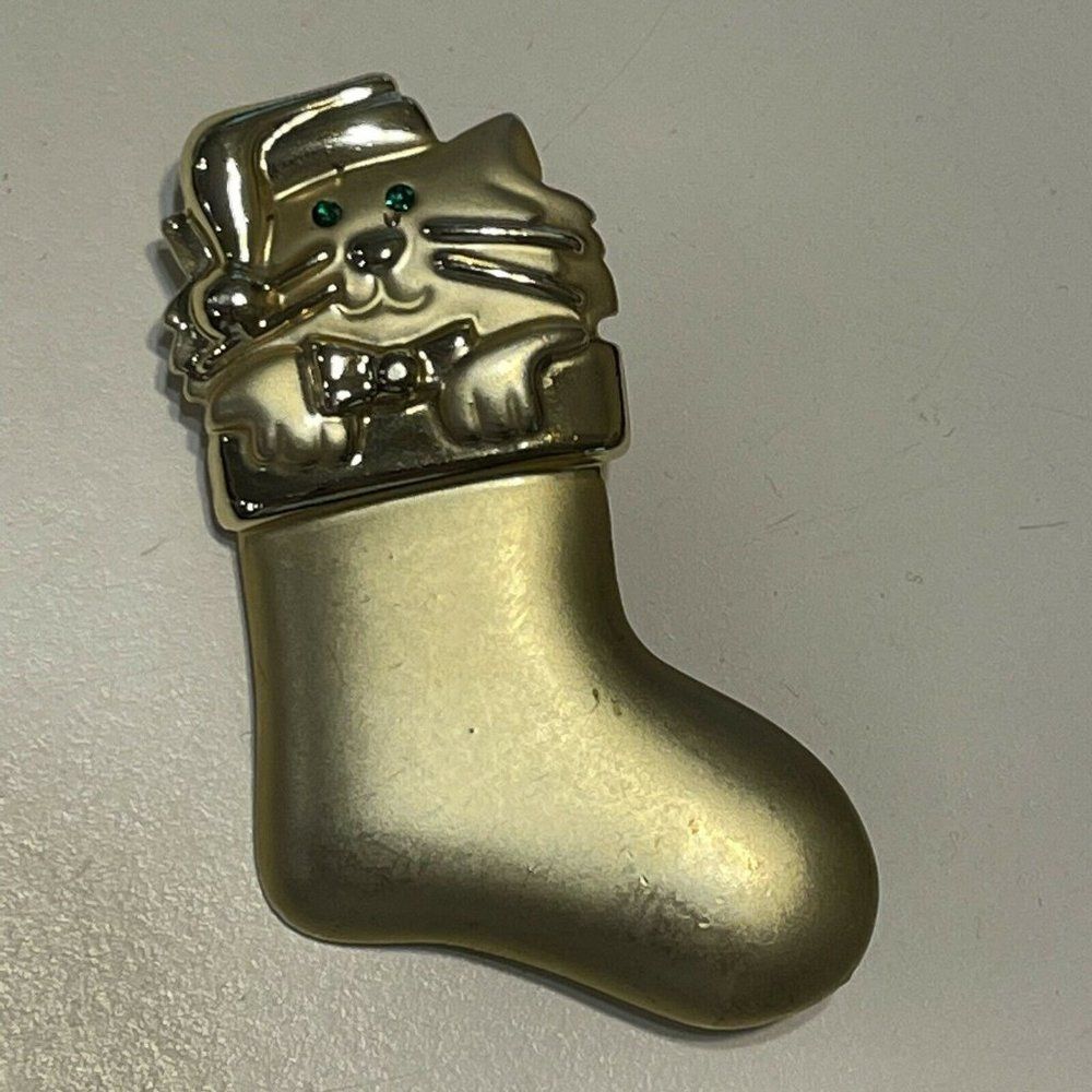 VTG AJC brooch pin gold tone christmas cat Kitten